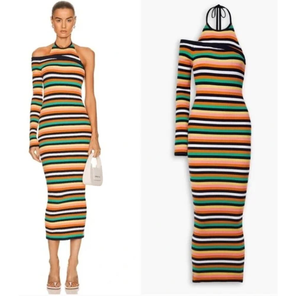 Revolve Monse Striped One Sleeve Halter wool Ribbed Knit Midi Dress Rainbow L
